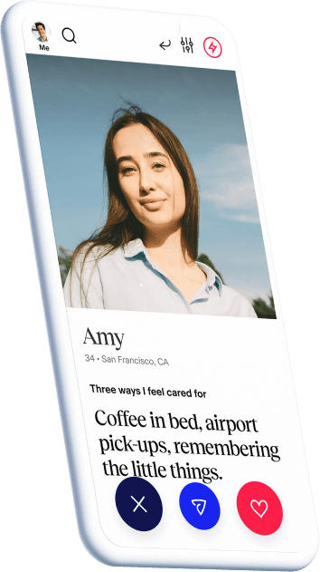 A phone displaying the dating profile of Amy, 34 years, from California.